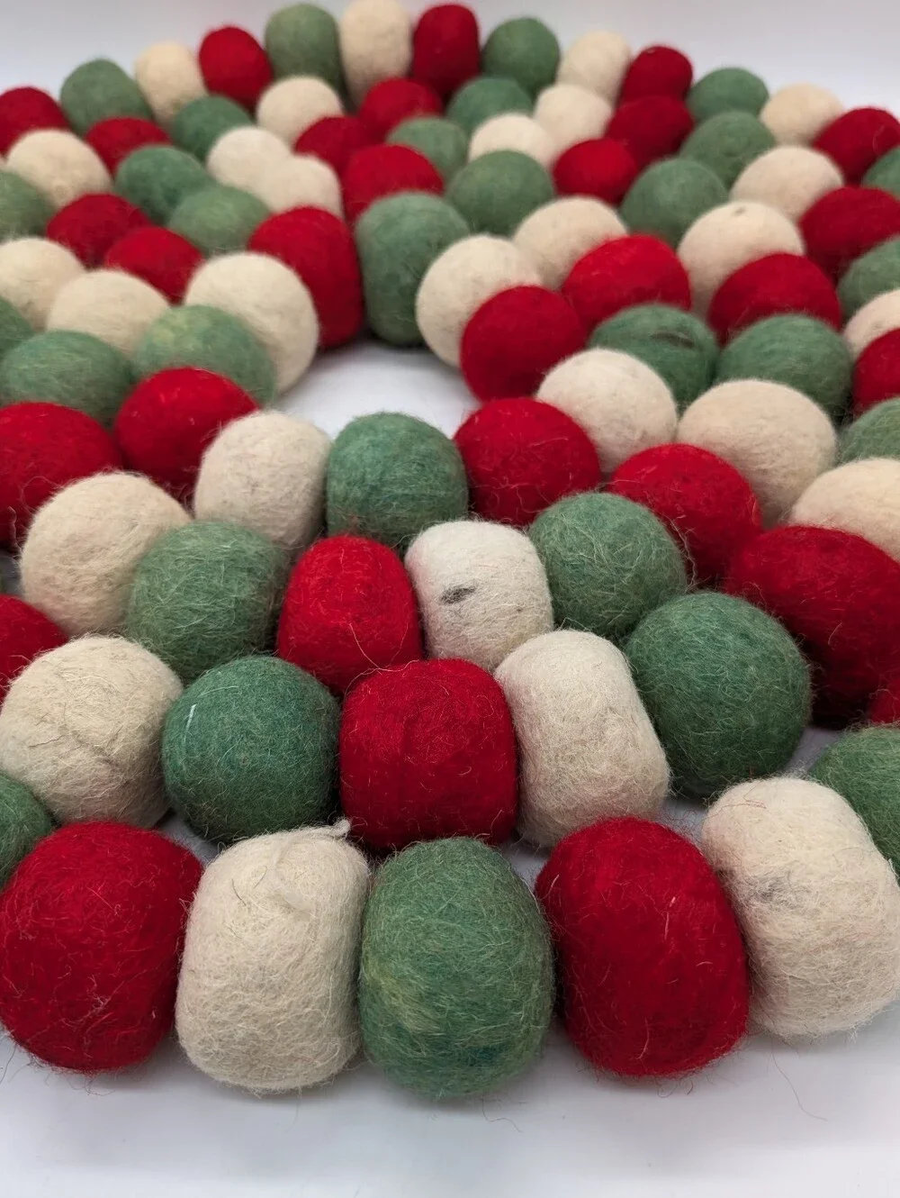 Red Cream Green Large Felted Ball Winter Christmas Holiday 12ft Garland